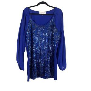 Badgley Mischka Sequin Floral Top 1X Blue Glam Shimmer Cocktail Resort Coastal